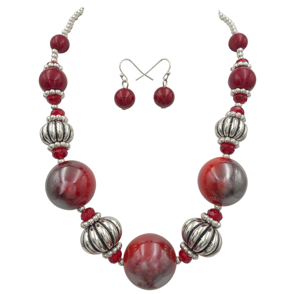 Chunky Red Bead Statement Necklace Earrings Set